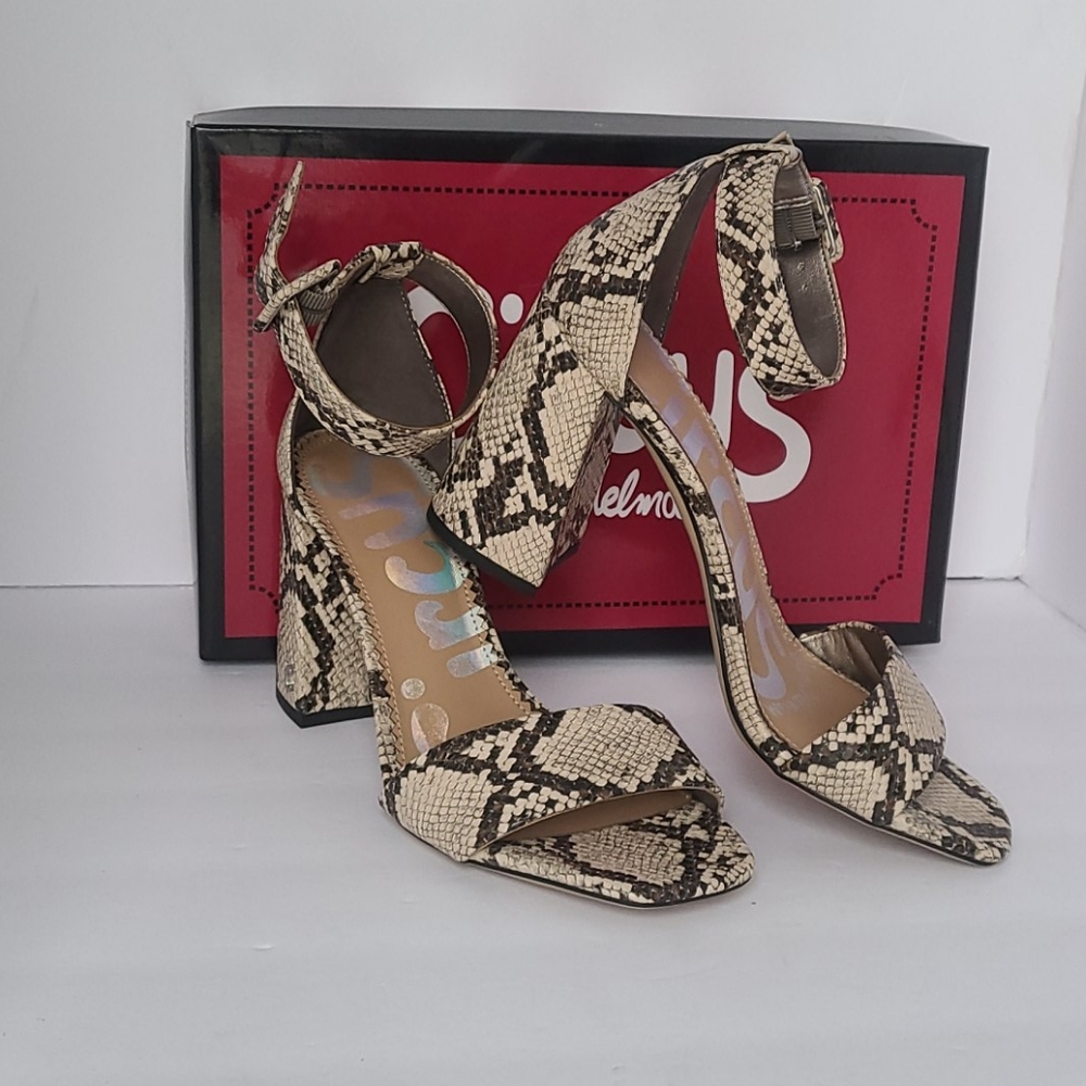 Snake print block heel sandal